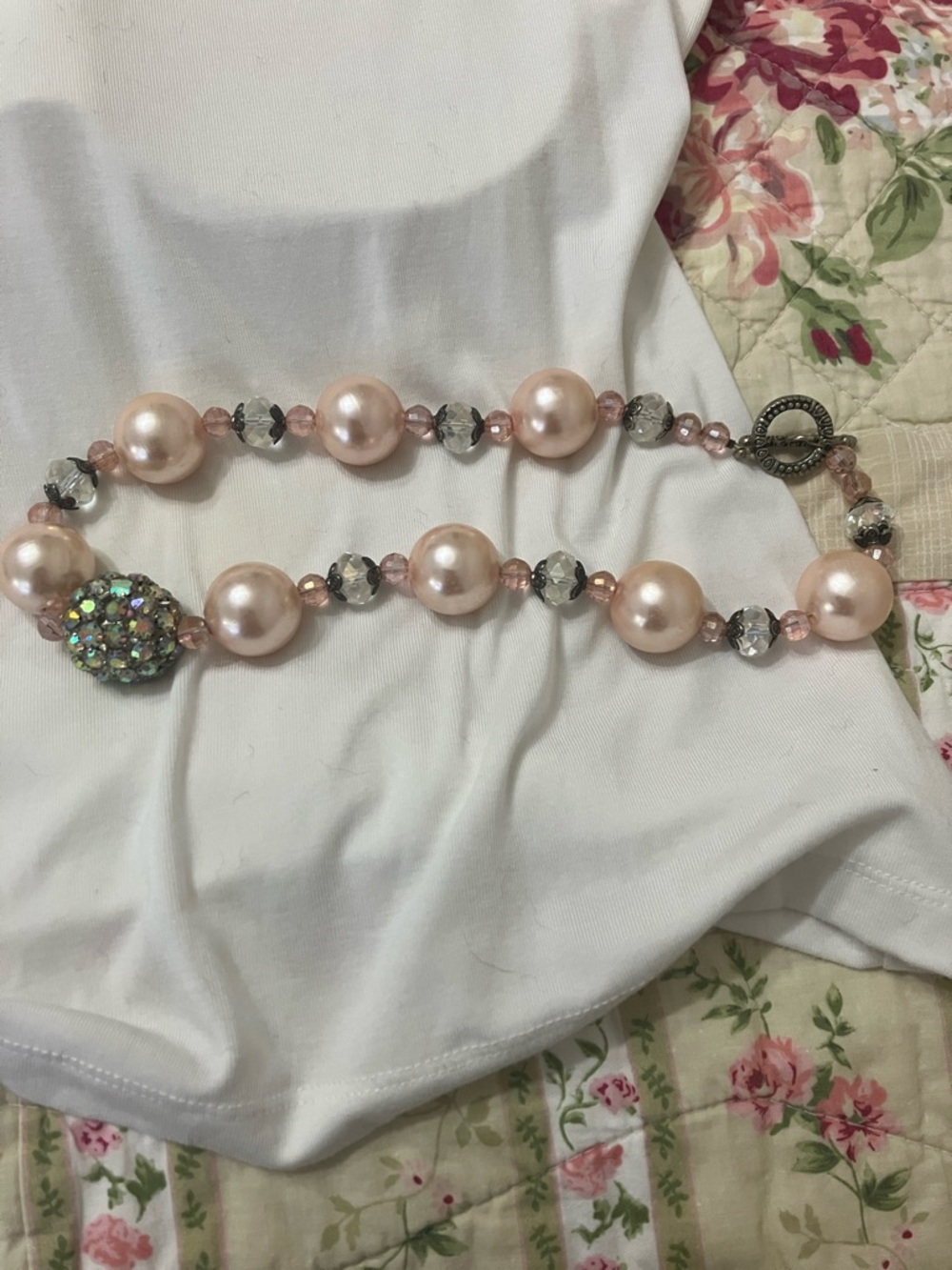 Blush Pearl and Crystal Bead Necklace - Feminine Pink Statement